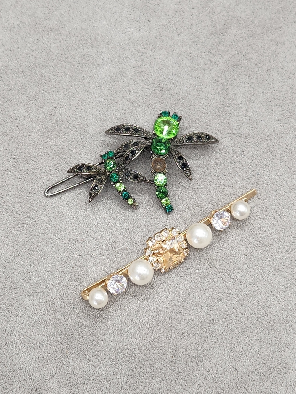 Lot Two Hair Pins Jeweled Clip Green Gunmetal Dragonfly Pearl Rhinestone Crystal
